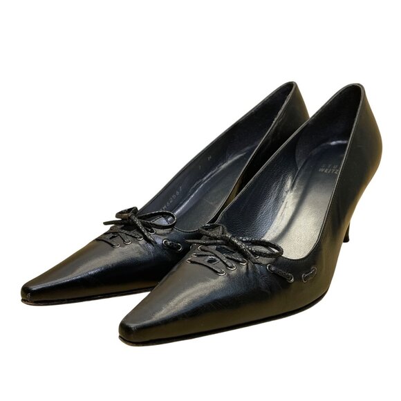 Stuart Weitzman Women’s Black Leather Corseting Heels Narrow Dress Shoes Size 7 - Picture 3 of 9